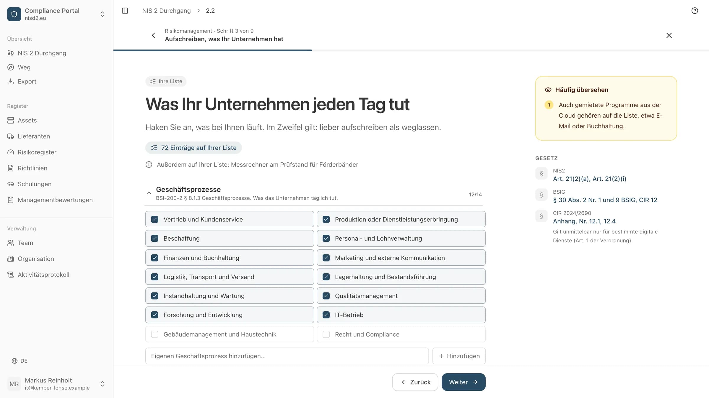 Die Liste der Assets im Durchgang: die Geschäftsprozesse, angekreuzt