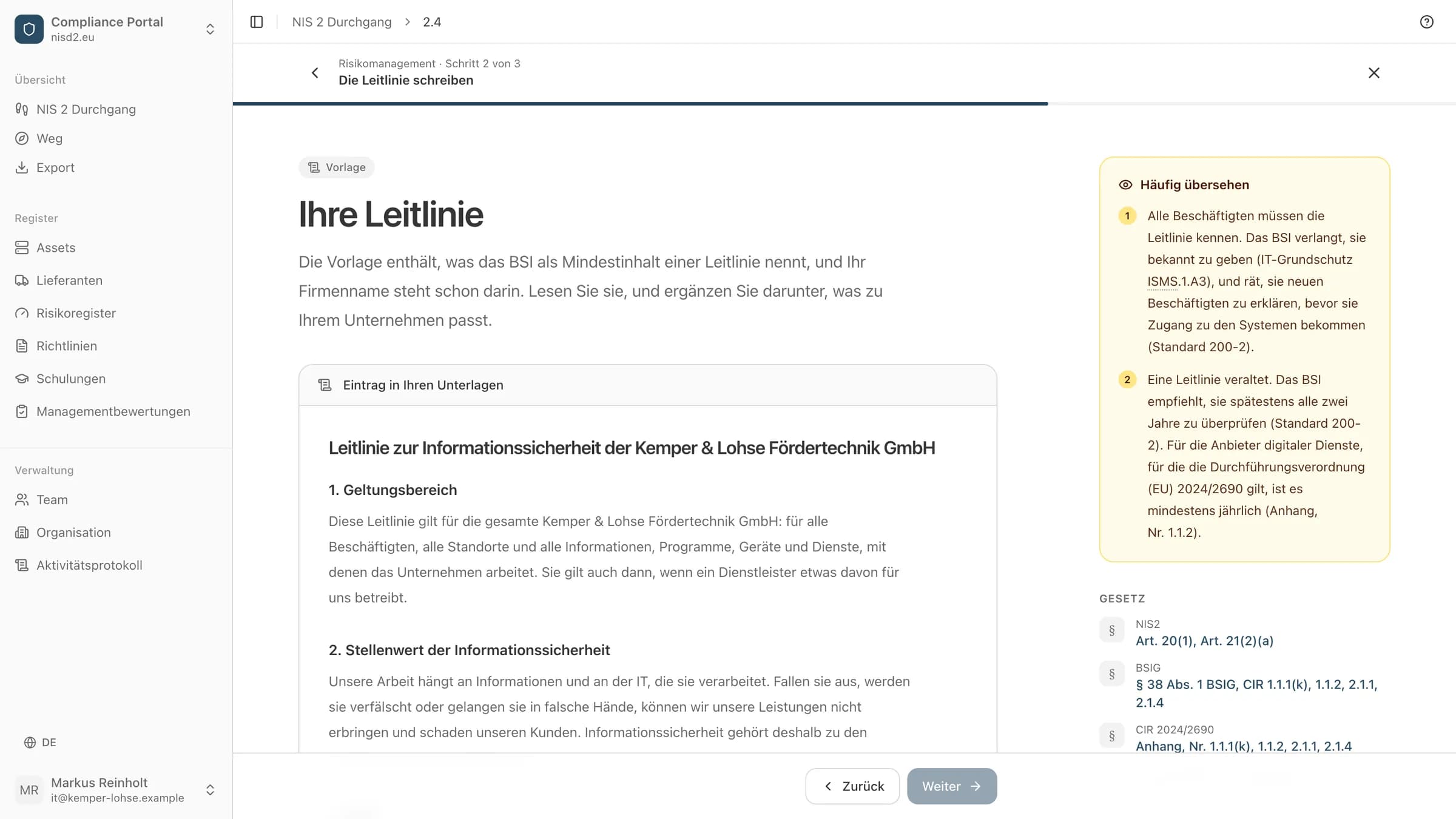 Der Schritt Leitlinie im Durchgang: die geschriebene Leitlinie
