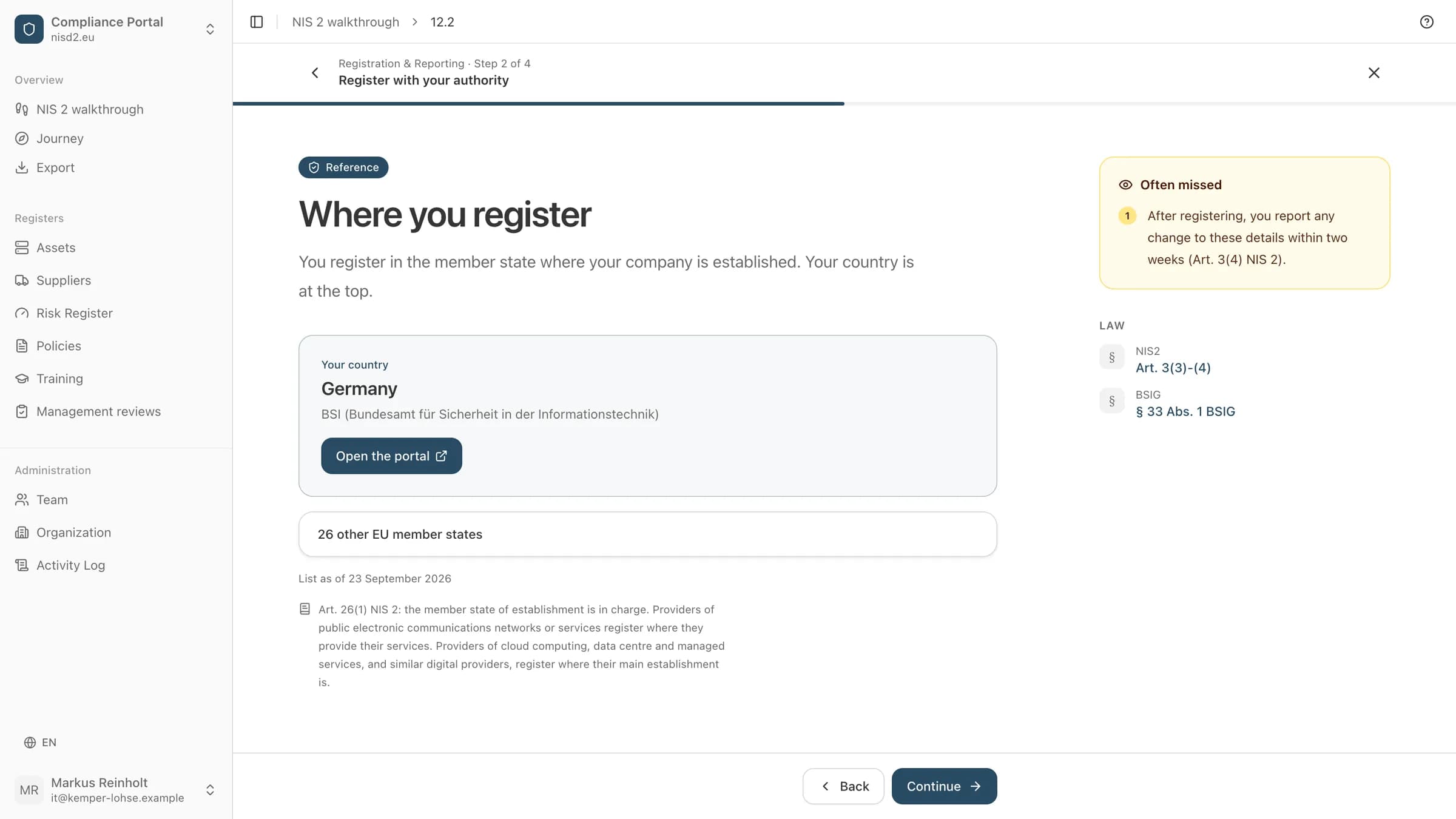 The registration step in the walkthrough: the country and its authority