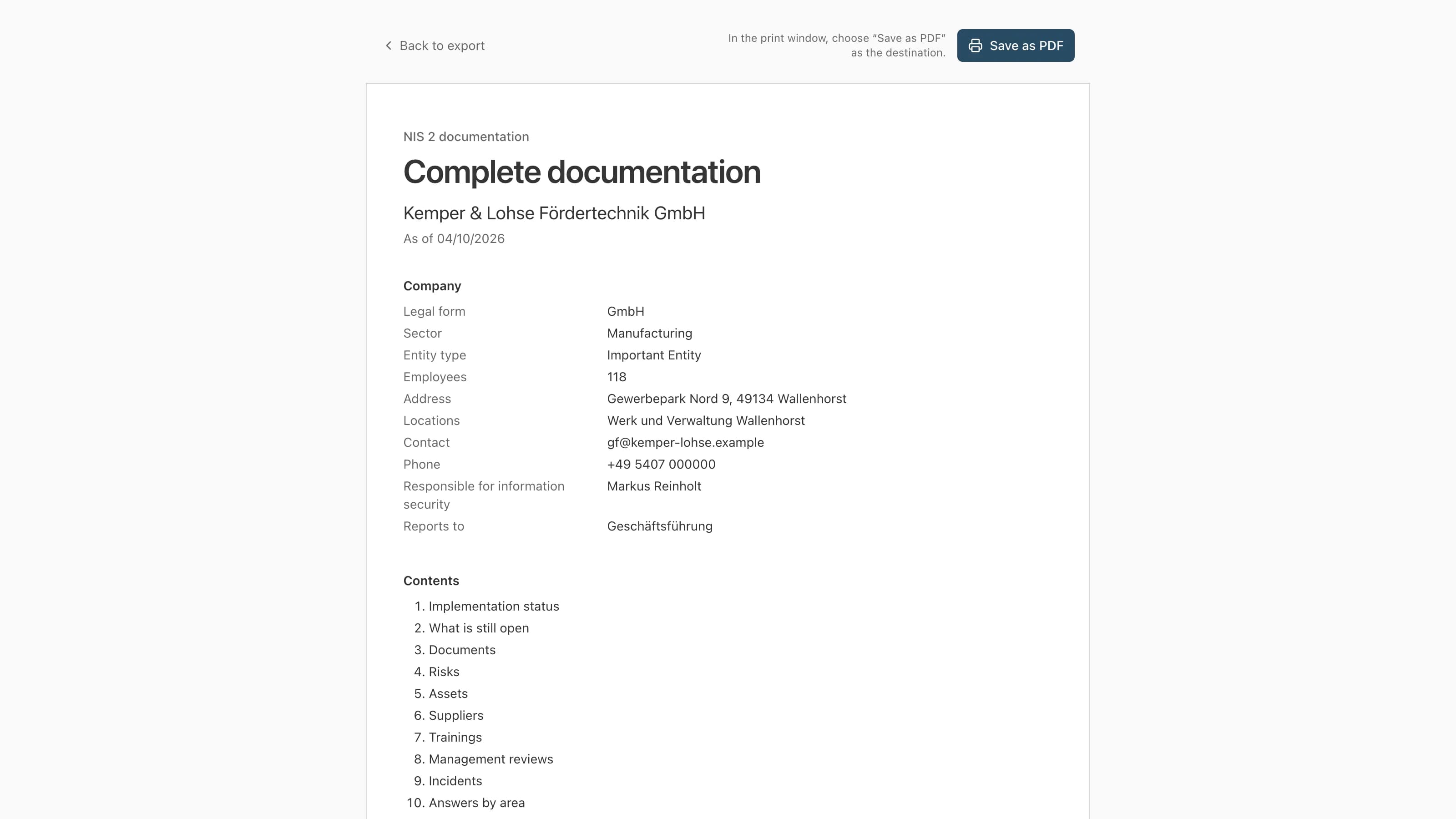 De volledige documentatie van een voorbeeldbedrijf