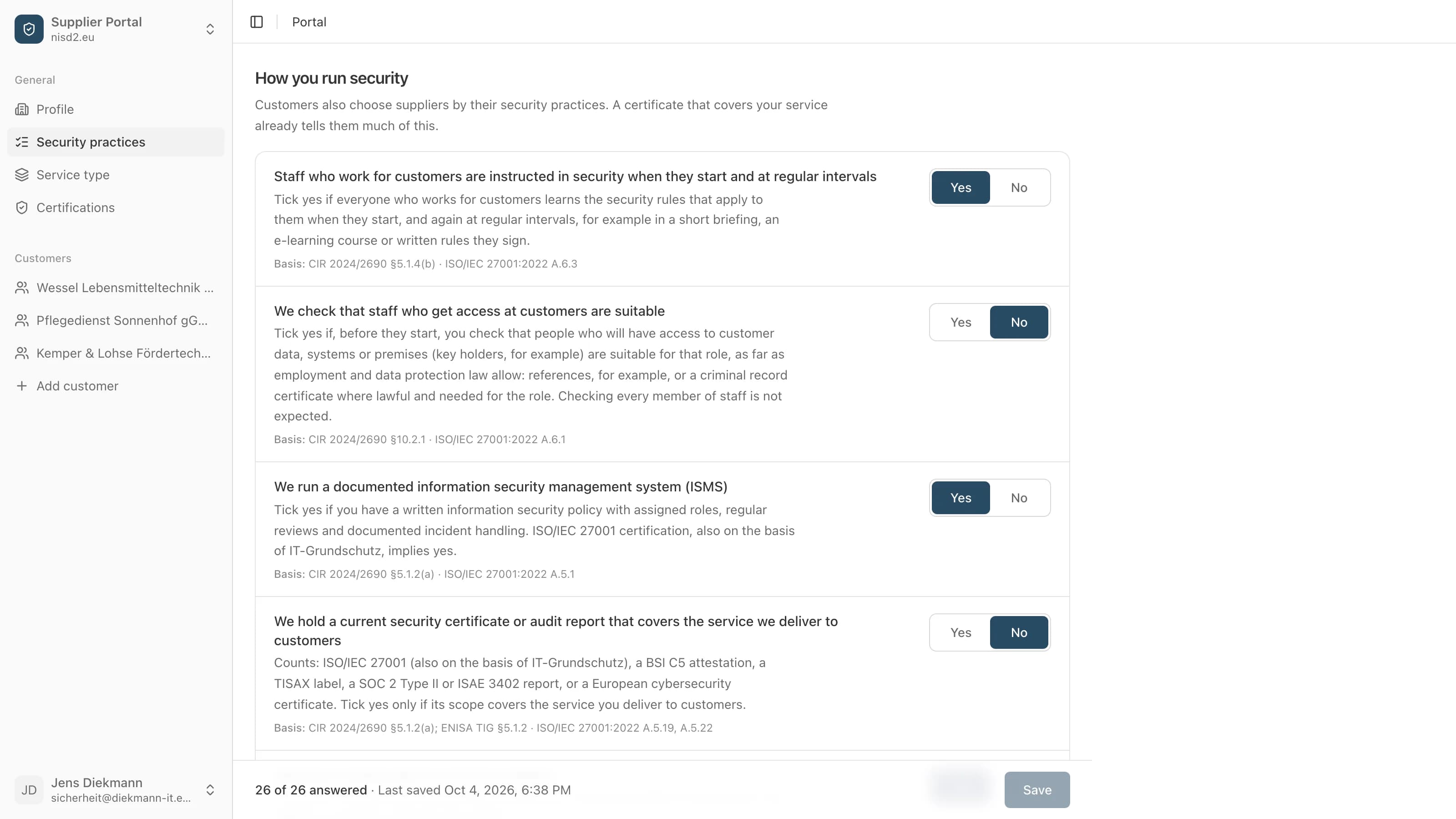 Questions on security practice, each with its explanation, basis and ISO/IEC 27001 control