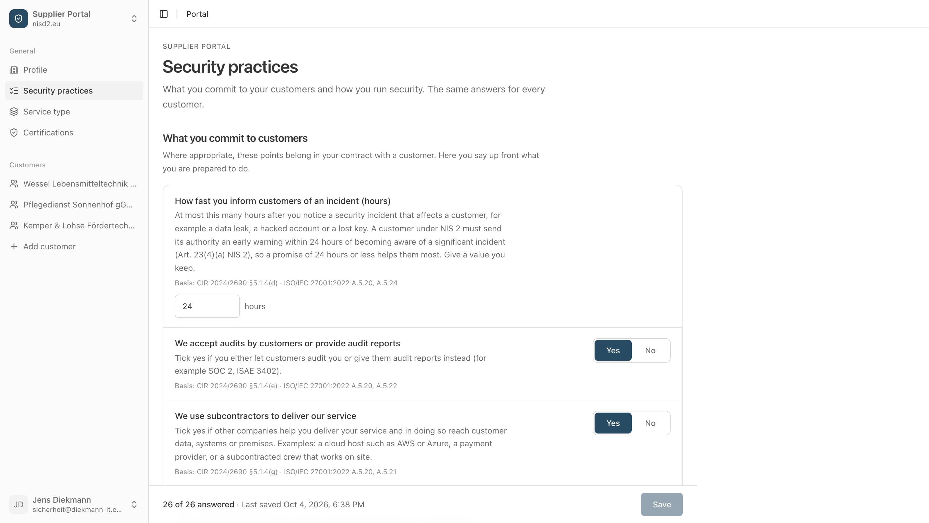 The security questionnaire in the supplier portal, filled in by a sample supplier: every question with its explanation and basis