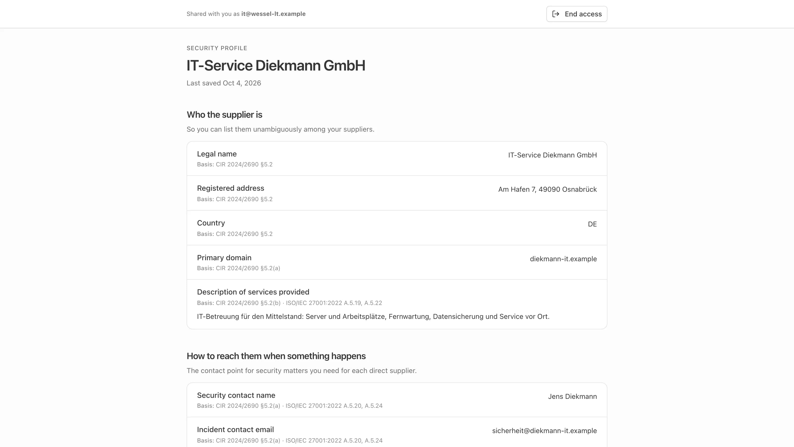 What an invited customer sees through their link: the supplier's security profile