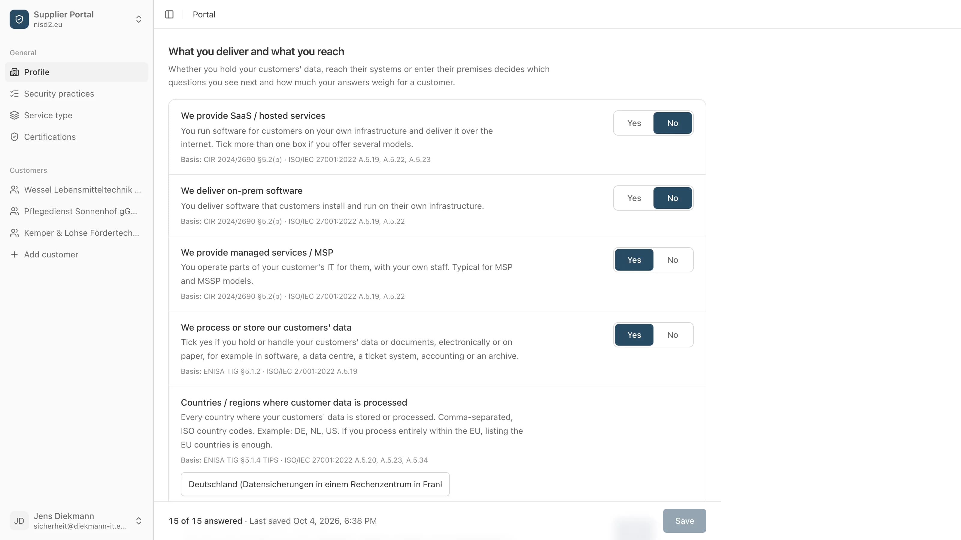 On the profile: what the supplier delivers and what it reaches at customers, each with yes or no