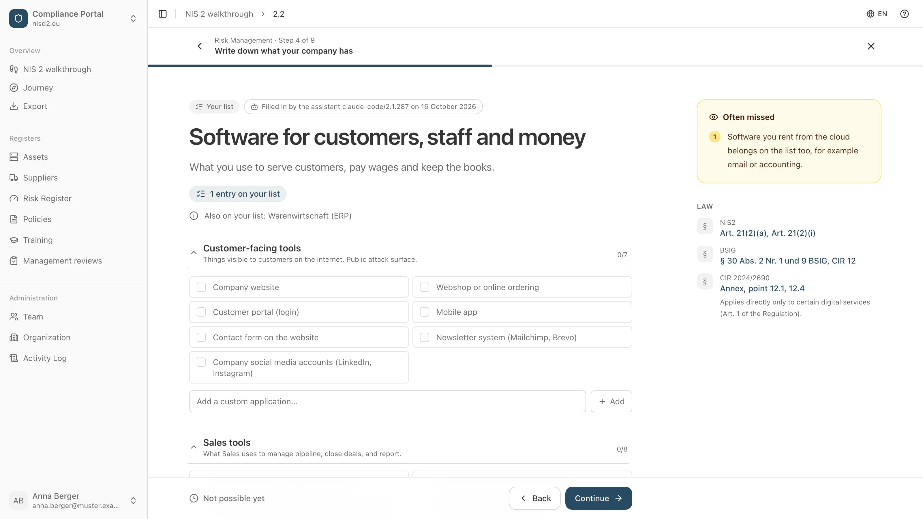Walkthrough item 2.2, screen “Software for customers, staff and money”. At the top the mark “Filled in by the assistant claude-code/2.1.287 on 16 October 2026”, below it the note that the entry “Warenwirtschaft (ERP)” is on your list.