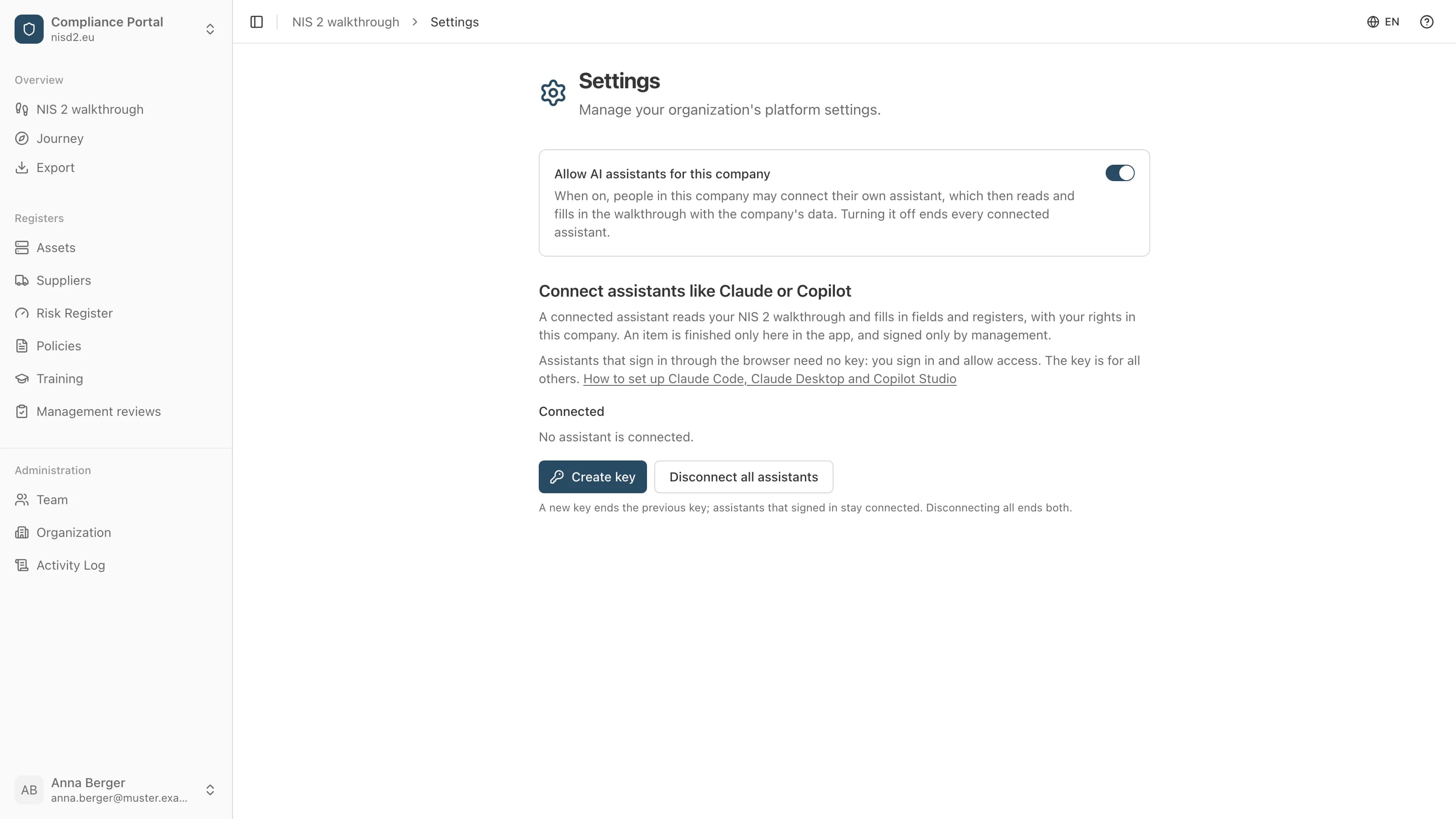 Settings in nisd2.eu: at the top the switch "Allow AI assistants for this company" turned on, below it the card "Connect assistants like Claude or Copilot" with the button "Create key"