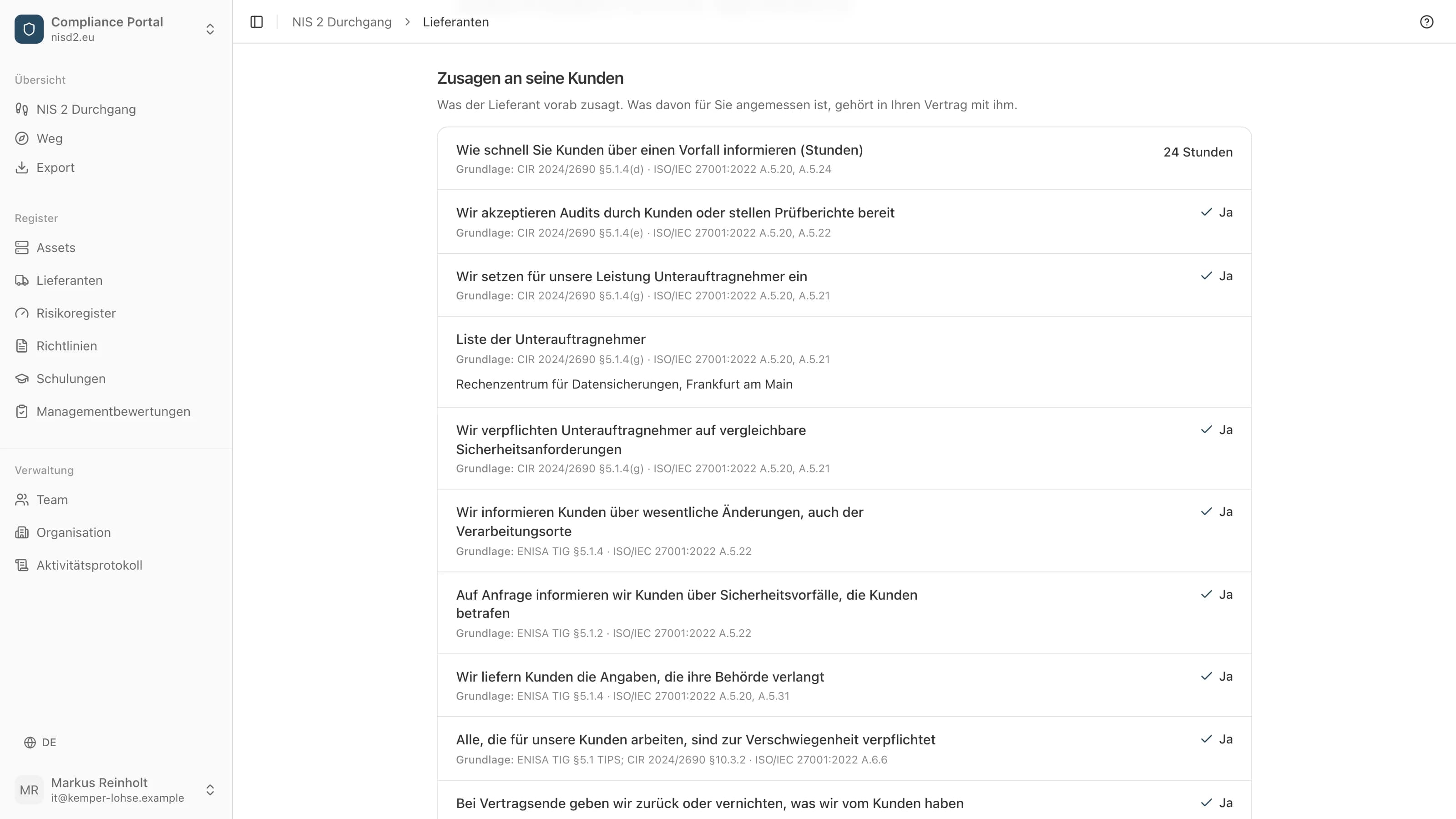 Die Zusagen eines Lieferanten, wie ein Kunde sie in seinem Lieferantenregister liest