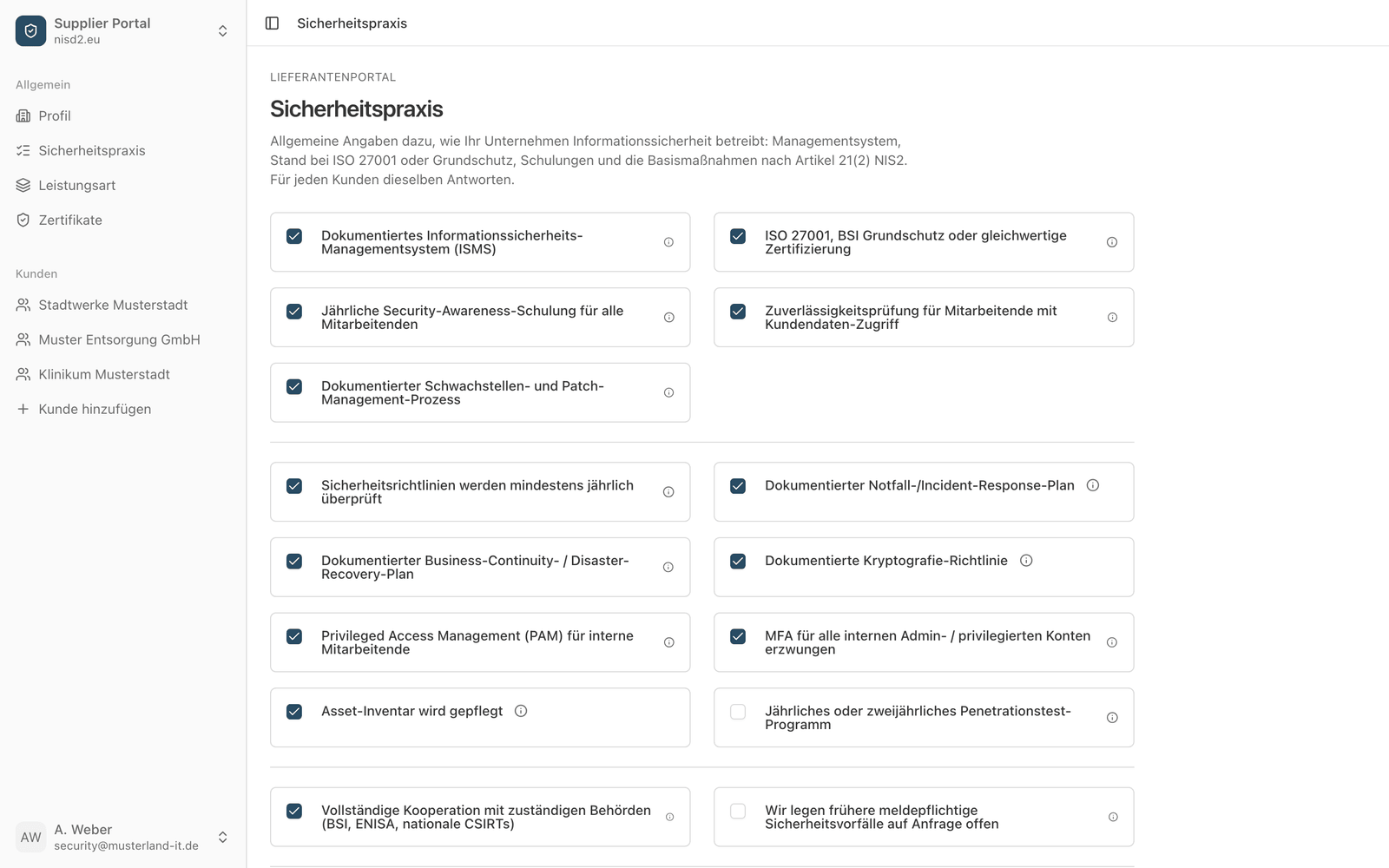 Das Lieferantenportal von nisd2.eu mit ausgefülltem Fragebogen
