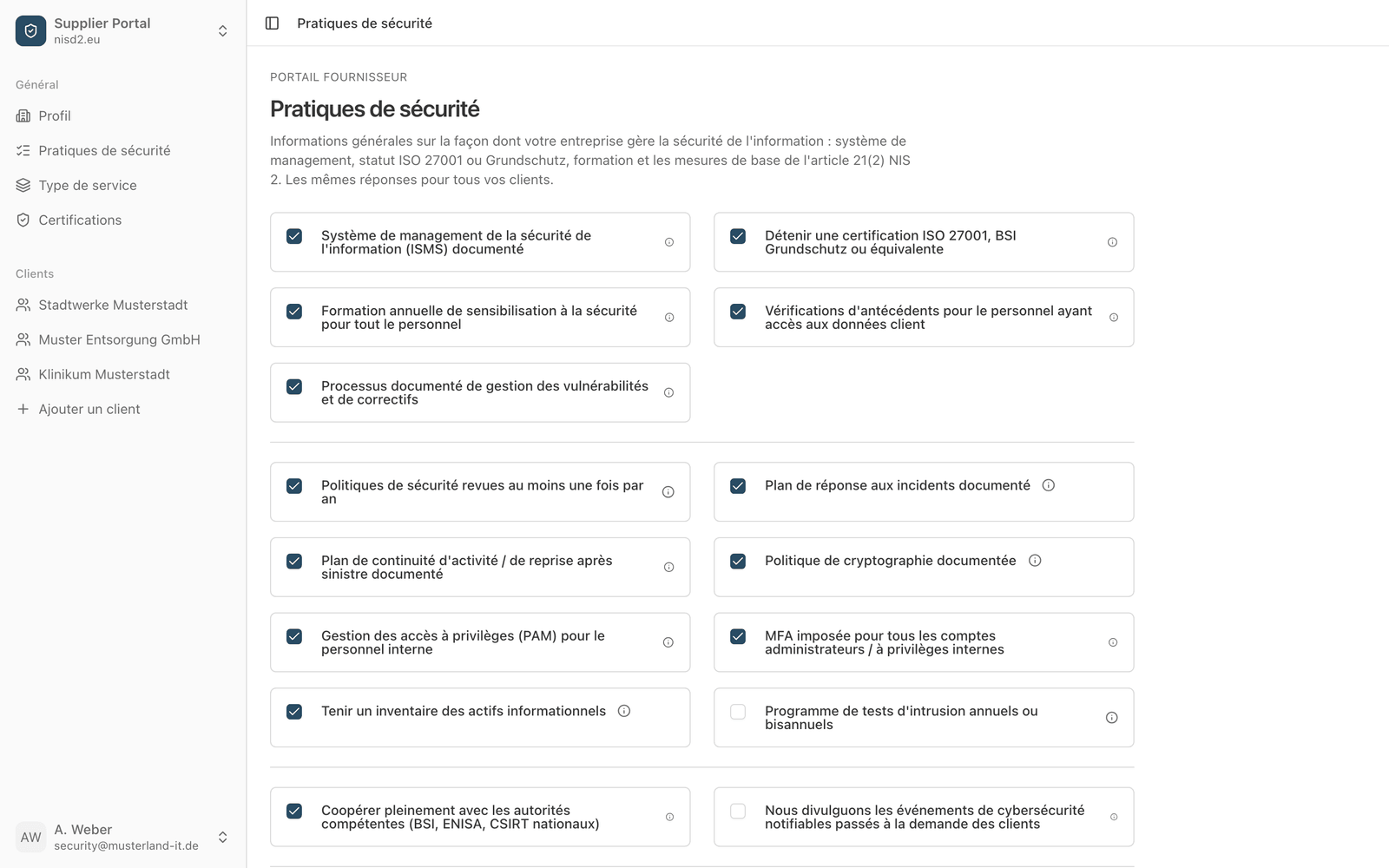 Le portail fournisseur de nisd2.eu avec un questionnaire rempli