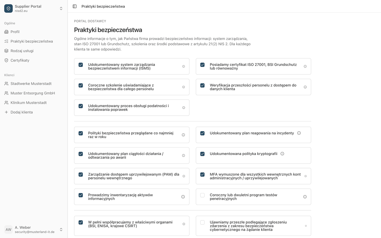 Portal dostawcy nisd2.eu z wypełnioną ankietą