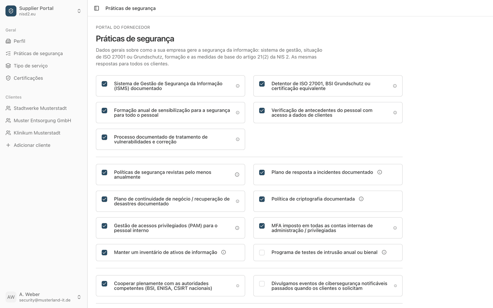 O portal do fornecedor da nisd2.eu com um questionário preenchido