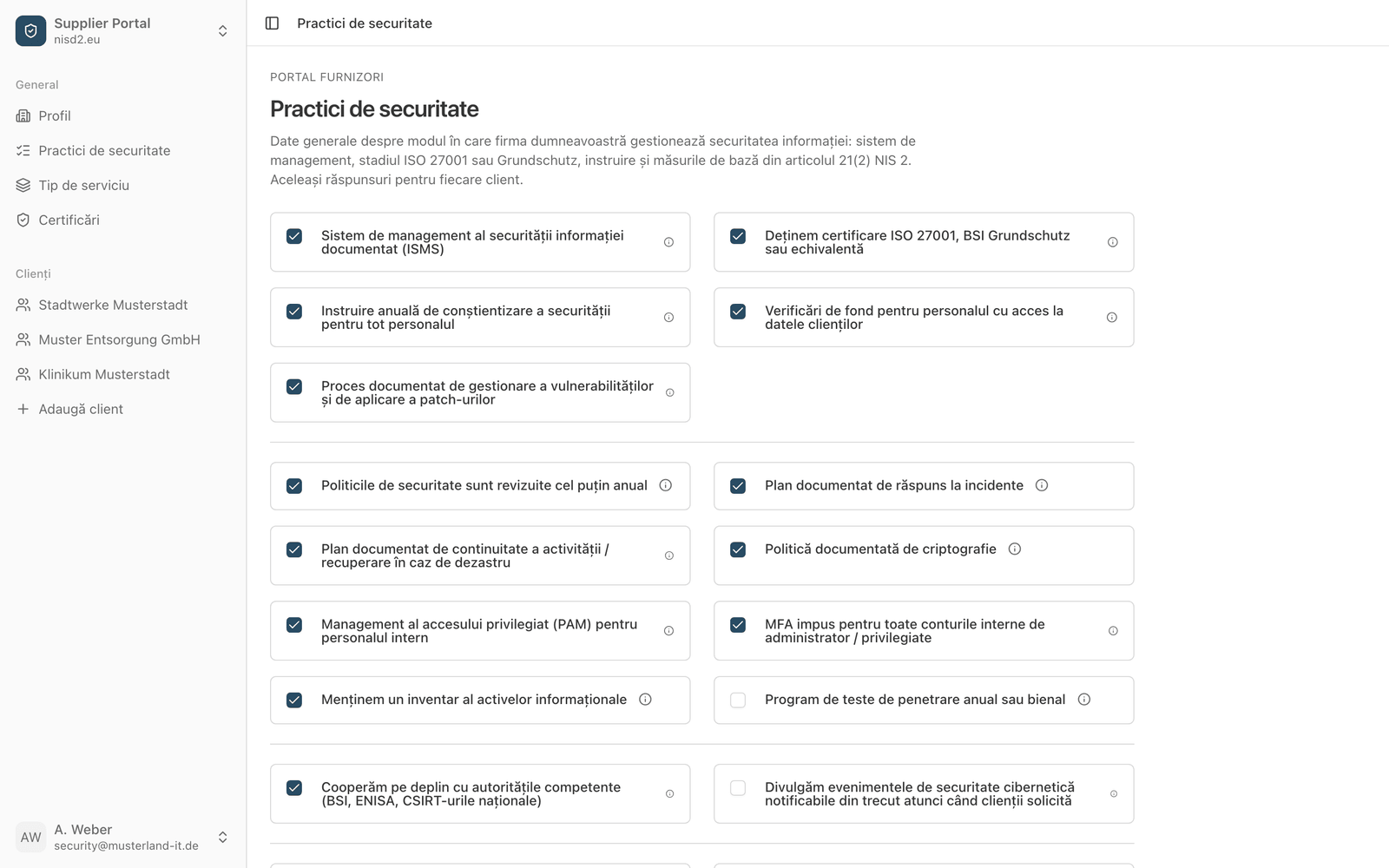 Portalul furnizori nisd2.eu cu un chestionar completat