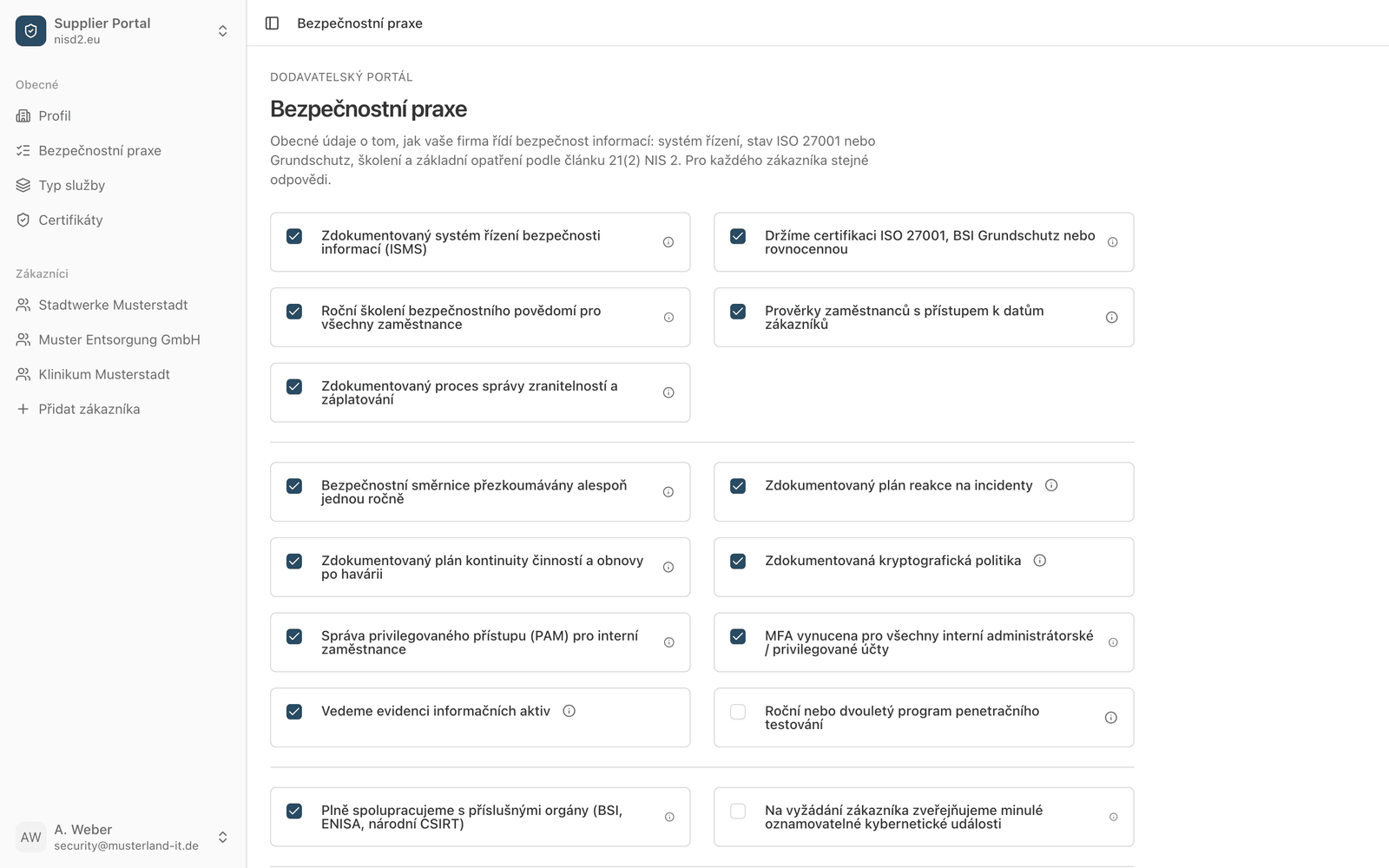 Dodavatelský portál nisd2.eu s vyplněným dotazníkem