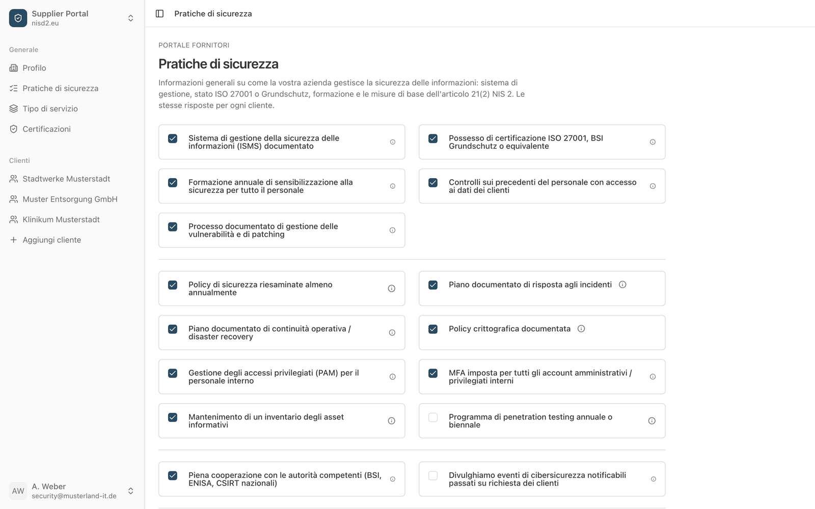 Il portale fornitori di nisd2.eu con un questionario compilato