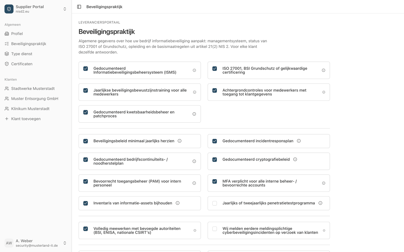 Het leveranciersportaal van nisd2.eu met een ingevulde vragenlijst